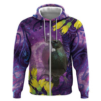 New Zealand Tui Bird Matariki Hoodie Kowhai Flower Silver Fern Galaxy Maori Pattern