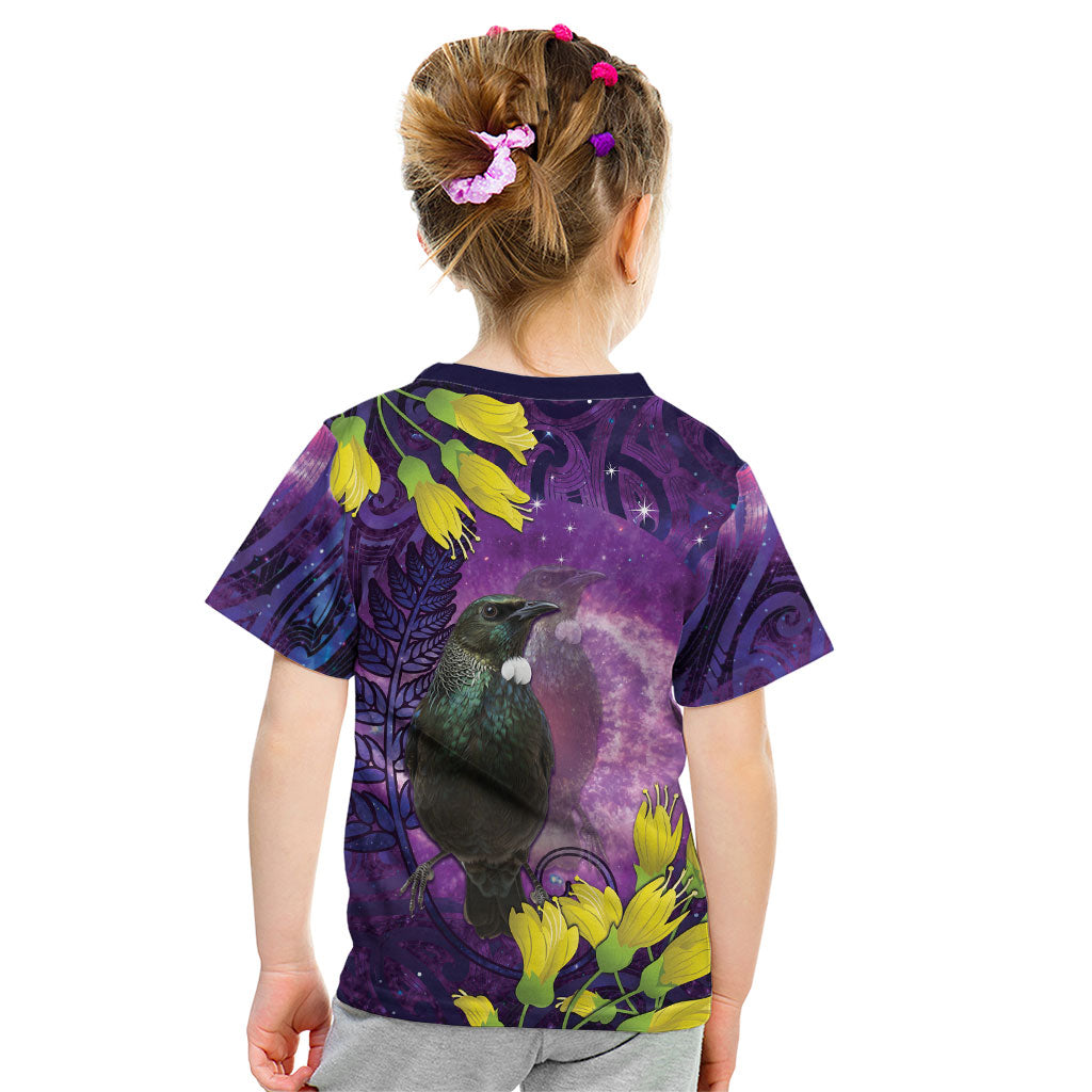 New Zealand Tui Bird Matariki Kid T Shirt Kowhai Flower Silver Fern Galaxy Maori Pattern