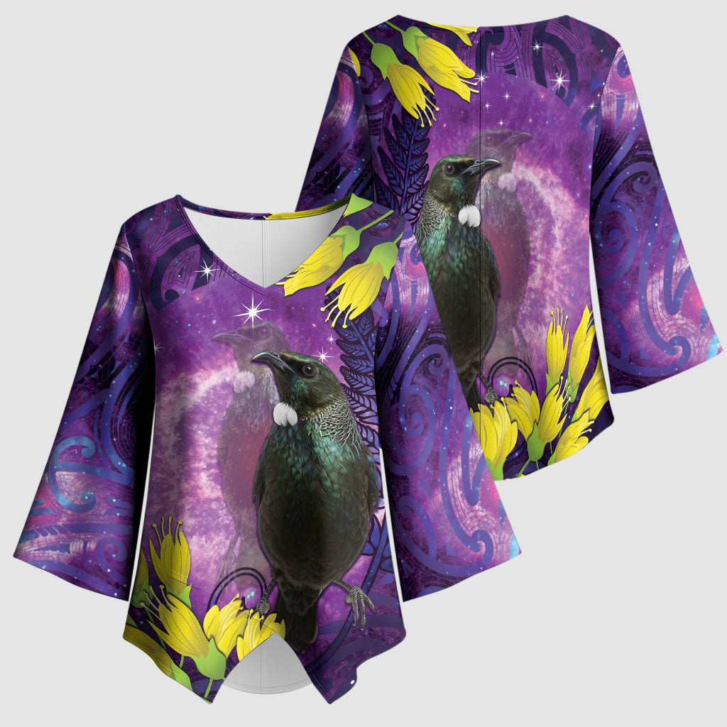 New Zealand Tui Bird Matariki Kimono Sleeve Blouse Kowhai Flower Silver Fern Galaxy Maori Pattern