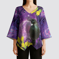 New Zealand Tui Bird Matariki Kimono Sleeve Blouse Kowhai Flower Silver Fern Galaxy Maori Pattern