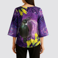 New Zealand Tui Bird Matariki Kimono Sleeve Blouse Kowhai Flower Silver Fern Galaxy Maori Pattern