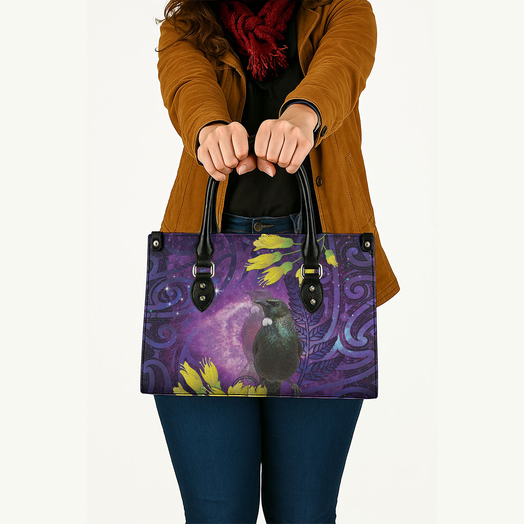 New Zealand Tui Bird Matariki Leather Bag Kowhai Flower Silver Fern Galaxy Maori Pattern