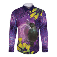 New Zealand Tui Bird Matariki Long Sleeve Button Shirt Kowhai Flower Silver Fern Galaxy Maori Pattern