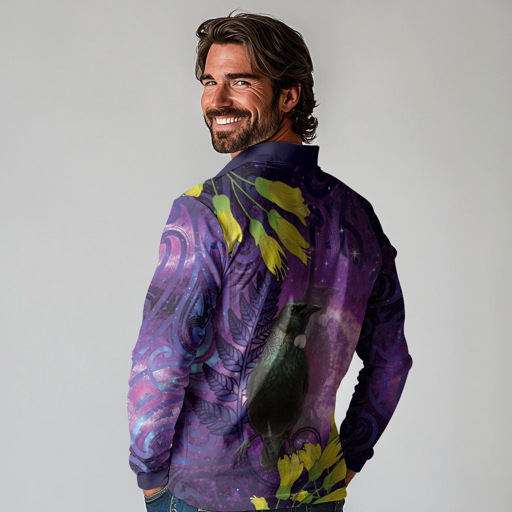 New Zealand Tui Bird Matariki Long Sleeve Polo Shirt Kowhai Flower Silver Fern Galaxy Maori Pattern
