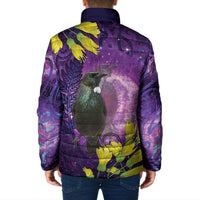New Zealand Tui Bird Matariki Padded Jacket Kowhai Flower Silver Fern Galaxy Maori Pattern