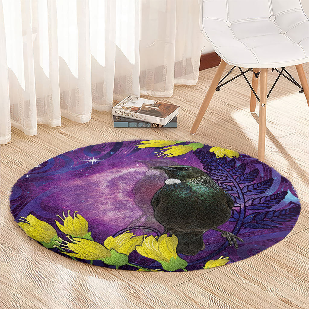 New Zealand Tui Bird Matariki Round Carpet Kowhai Flower Silver Fern Galaxy Maori Pattern