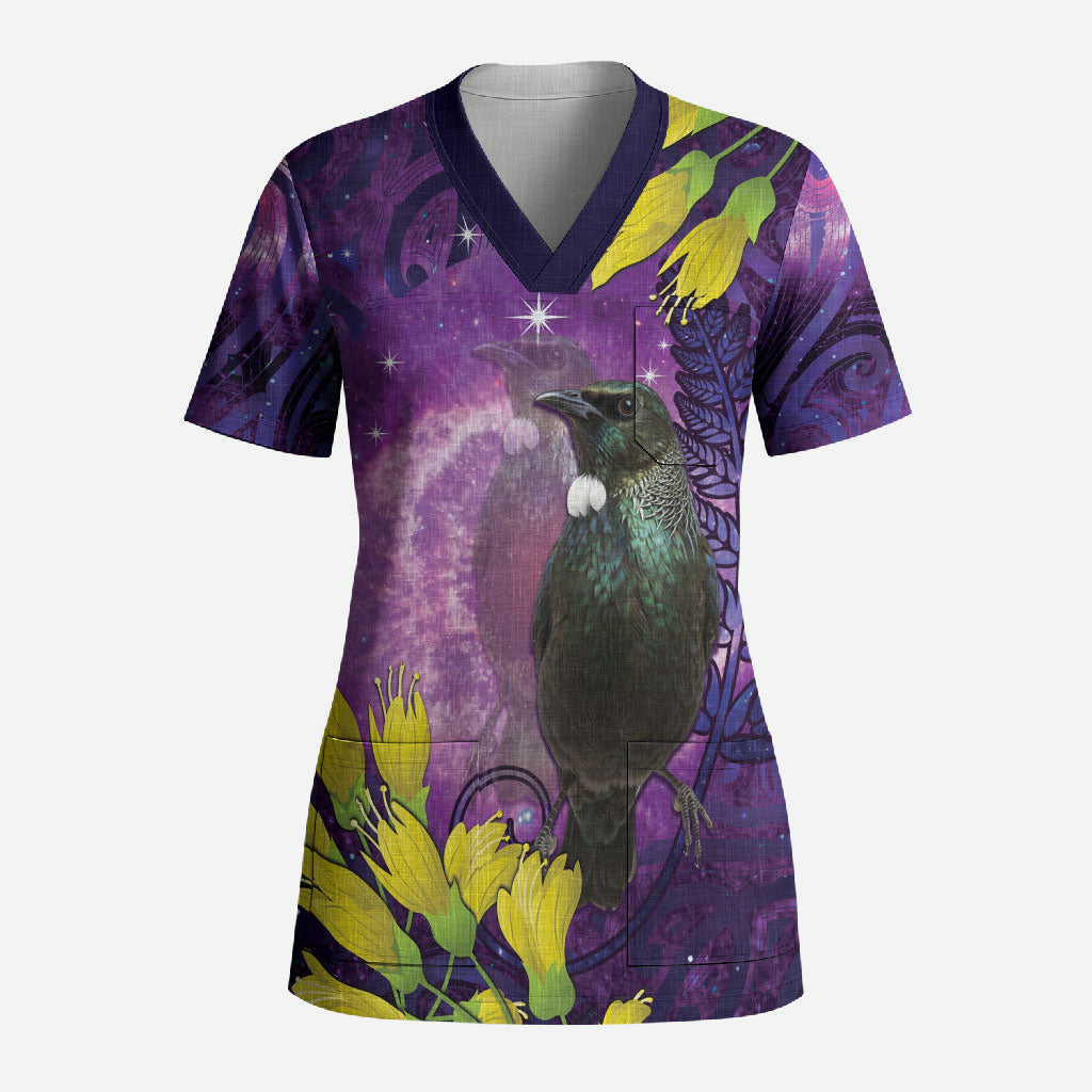 New Zealand Tui Bird Matariki Scrub Top Kowhai Flower Silver Fern Galaxy Maori Pattern LT22 Adult Purple - Polynesian Pride
