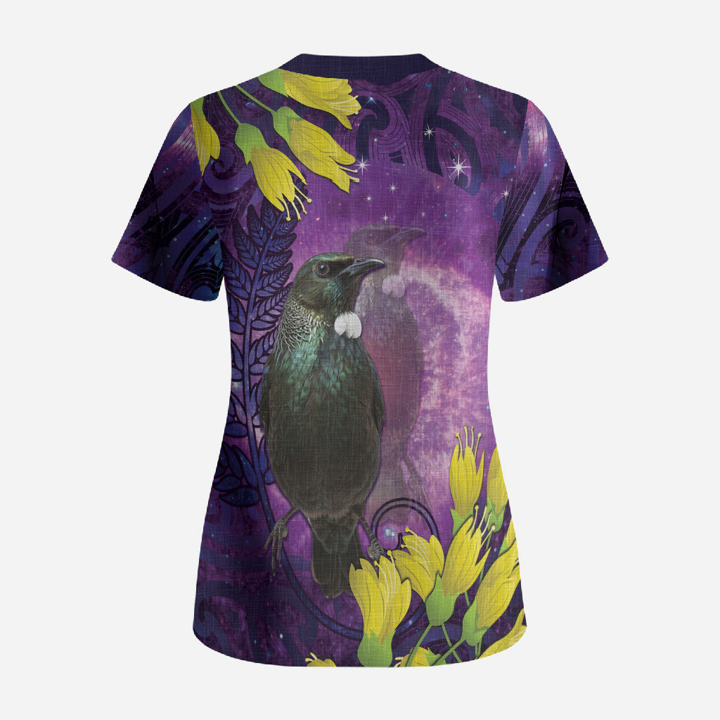 New Zealand Tui Bird Matariki Scrub Top Kowhai Flower Silver Fern Galaxy Maori Pattern LT22 - Polynesian Pride