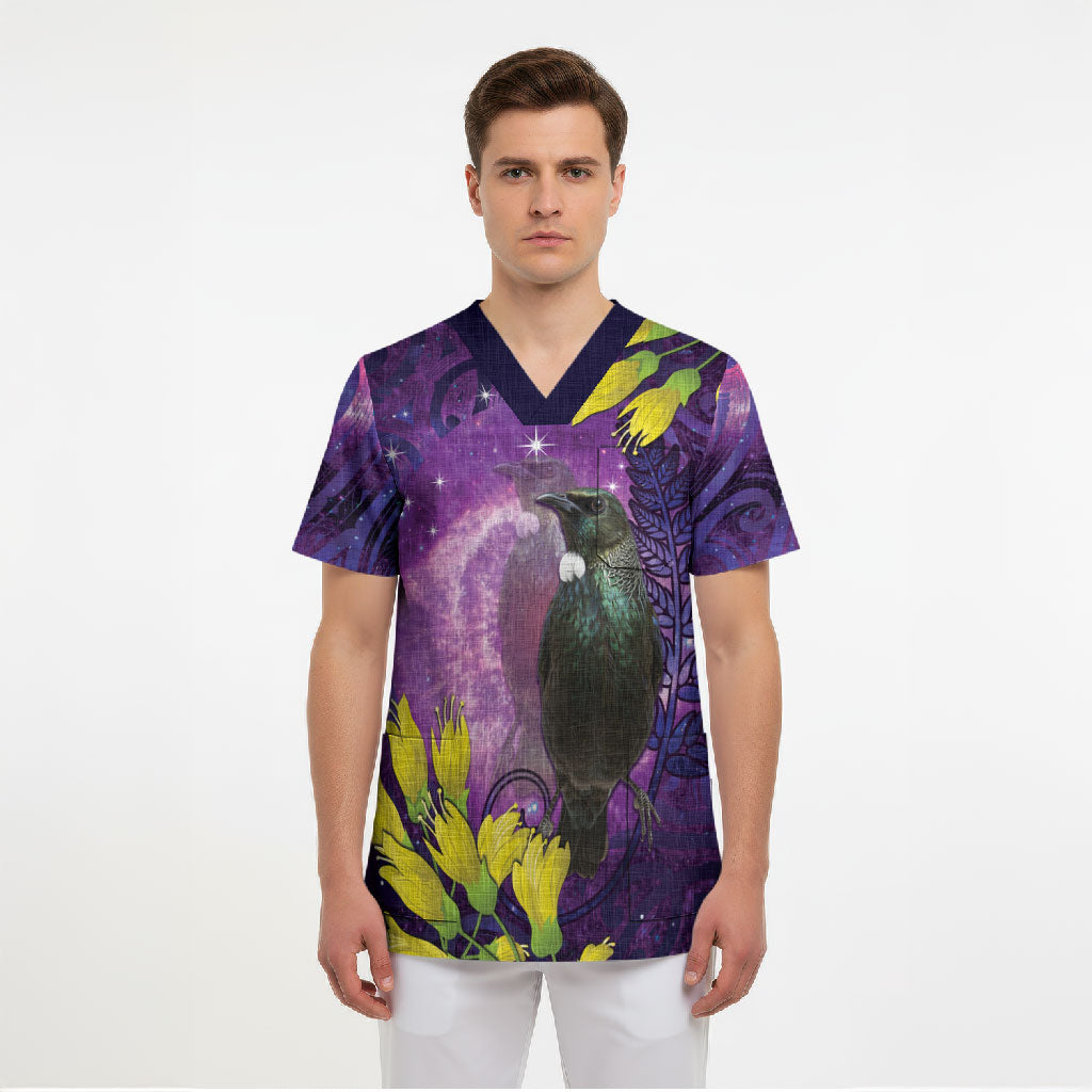 New Zealand Tui Bird Matariki Scrub Top Kowhai Flower Silver Fern Galaxy Maori Pattern LT22 - Polynesian Pride