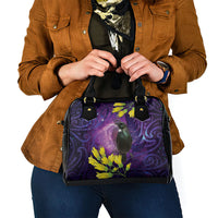 New Zealand Tui Bird Matariki Shoulder Handbag Kowhai Flower Silver Fern Galaxy Maori Pattern