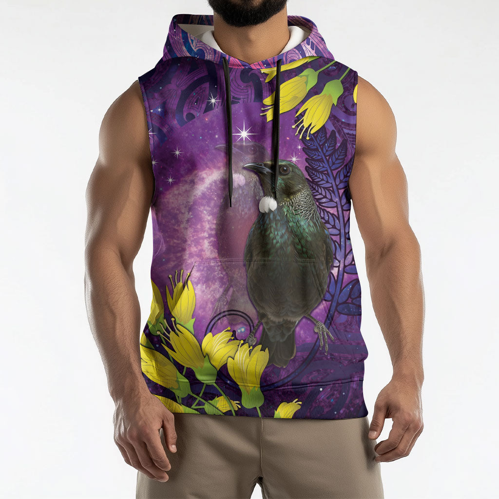 New Zealand Tui Bird Matariki Sleeveless Hoodie Kowhai Flower Silver Fern Galaxy Maori Pattern