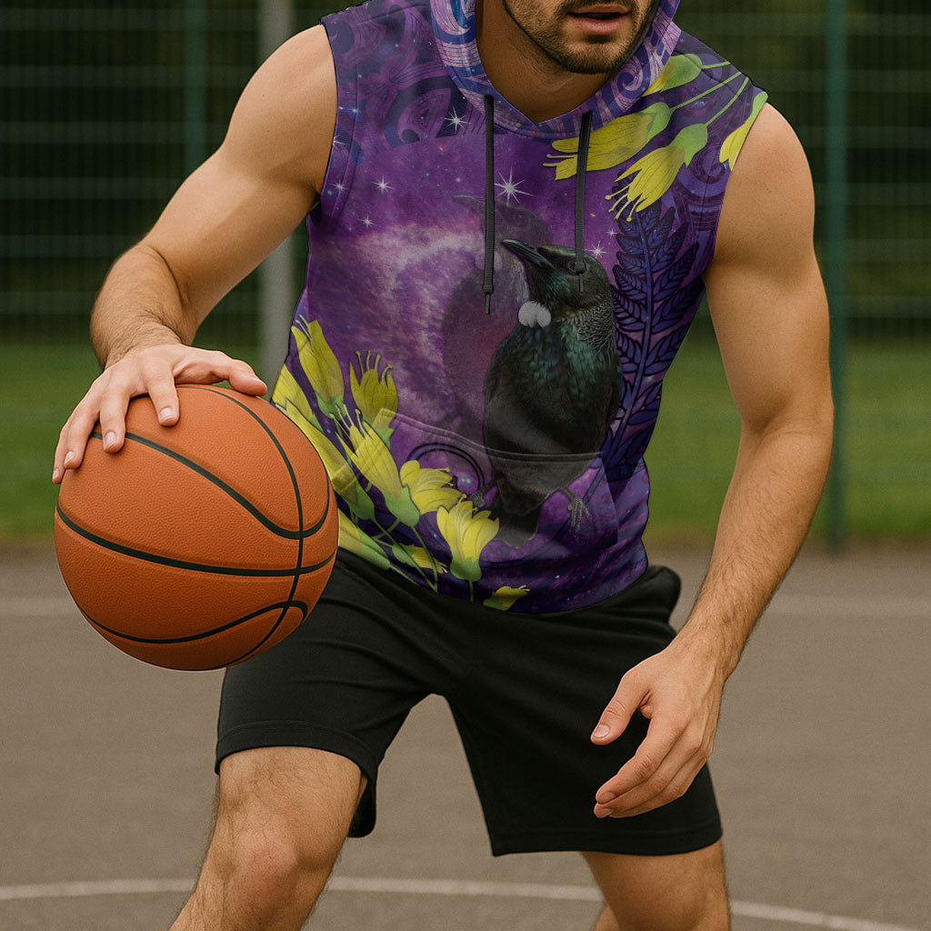 New Zealand Tui Bird Matariki Sleeveless Hoodie Kowhai Flower Silver Fern Galaxy Maori Pattern