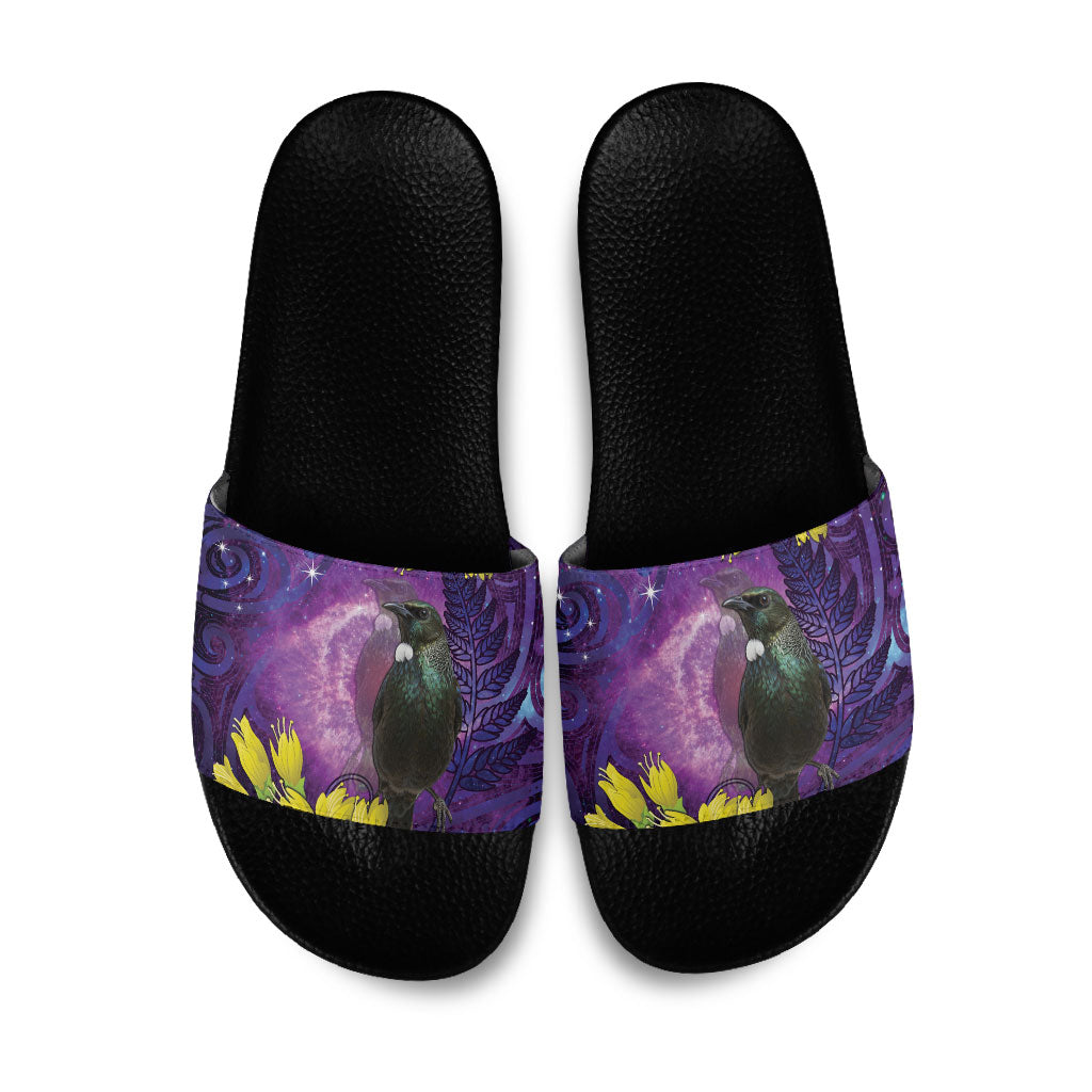 New Zealand Tui Bird Matariki Slide Sandals Kowhai Flower Silver Fern Galaxy Maori Pattern