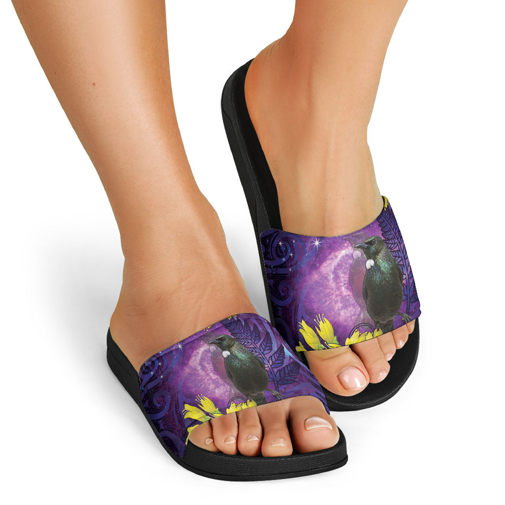 New Zealand Tui Bird Matariki Slide Sandals Kowhai Flower Silver Fern Galaxy Maori Pattern