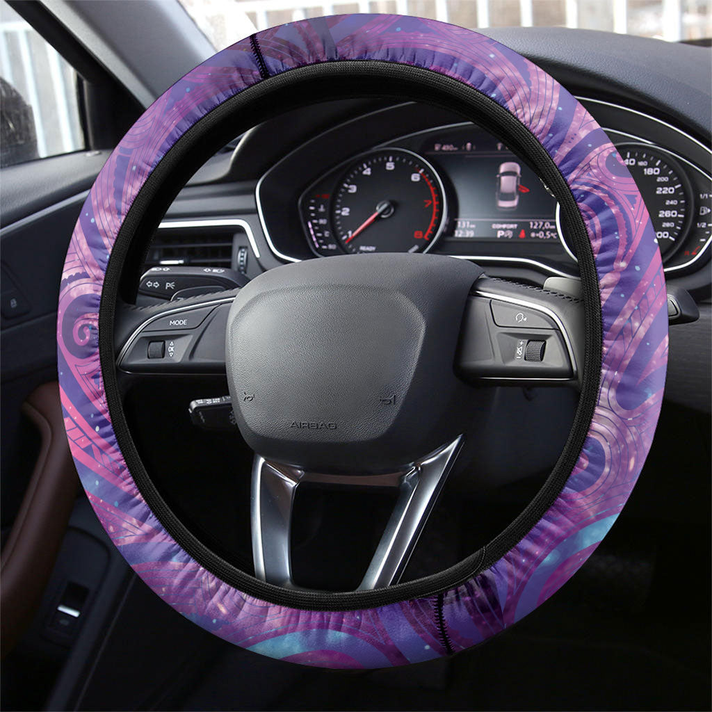 New Zealand Tui Bird Matariki Steering Wheel Cover Kowhai Flower Silver Fern Galaxy Maori Pattern