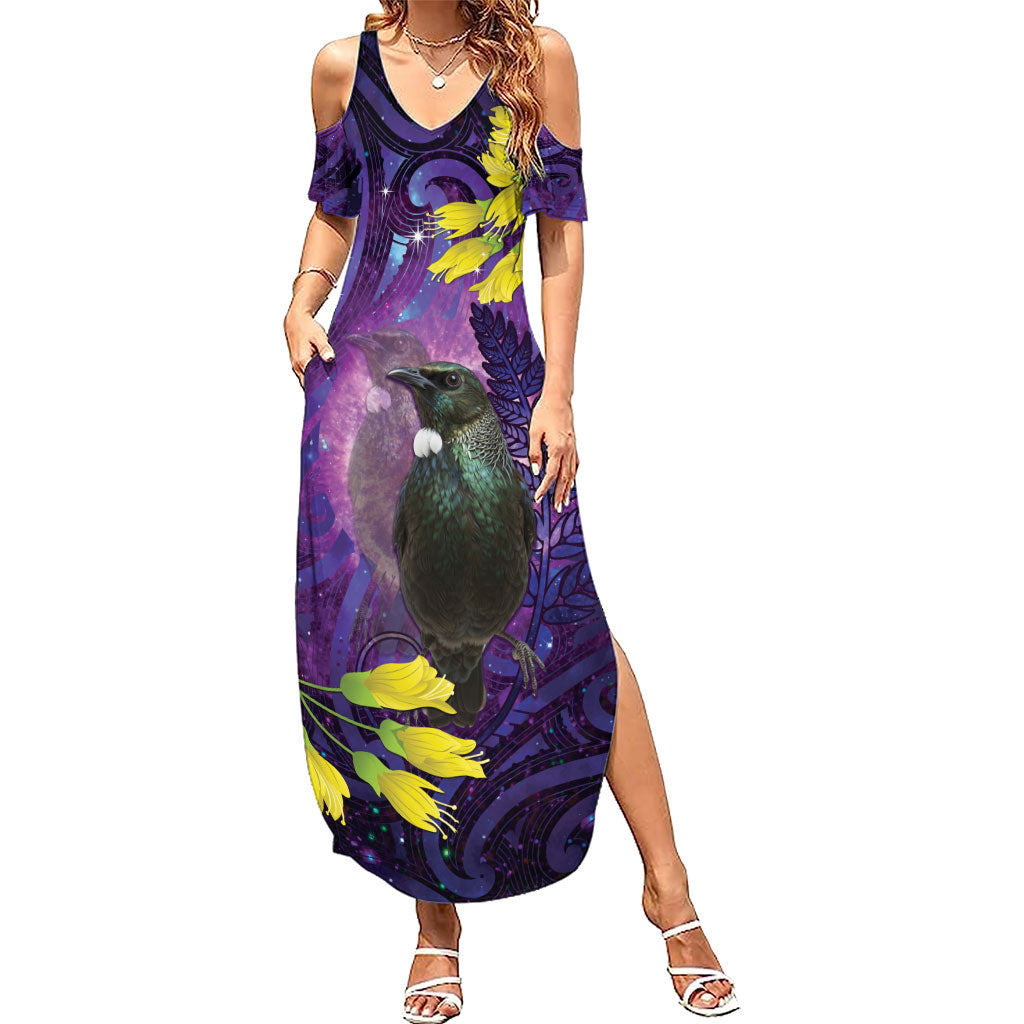 New Zealand Tui Bird Matariki Summer Maxi Dress Kowhai Flower Silver Fern Galaxy Maori Pattern