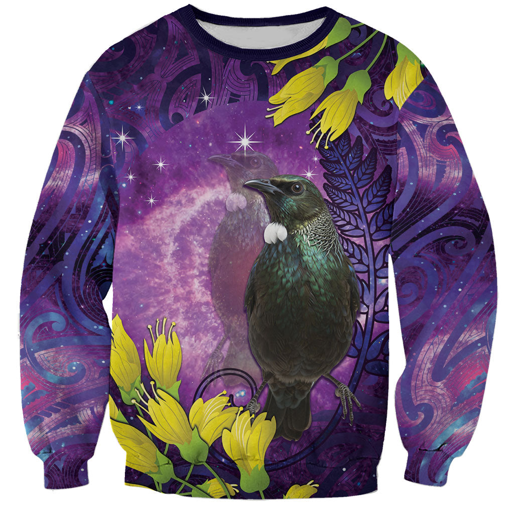 New Zealand Tui Bird Matariki Sweatshirt Kowhai Flower Silver Fern Galaxy Maori Pattern LT22 Unisex Purple - Polynesian Pride