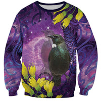 New Zealand Tui Bird Matariki Sweatshirt Kowhai Flower Silver Fern Galaxy Maori Pattern LT22 Unisex Purple - Polynesian Pride