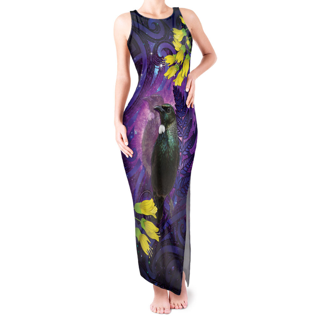 New Zealand Tui Bird Matariki Tank Maxi Dress Kowhai Flower Silver Fern Galaxy Maori Pattern
