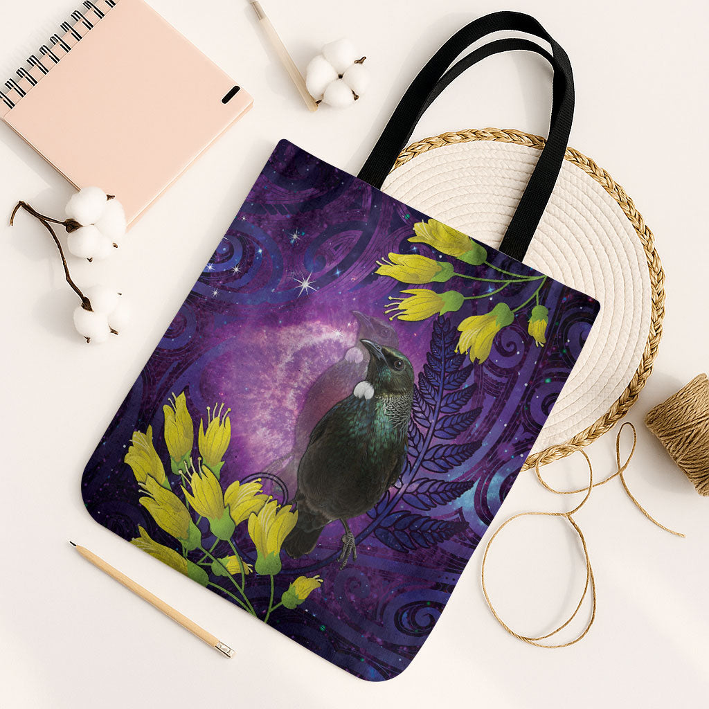 New Zealand Tui Bird Matariki Tote Bag Kowhai Flower Silver Fern Galaxy Maori Pattern