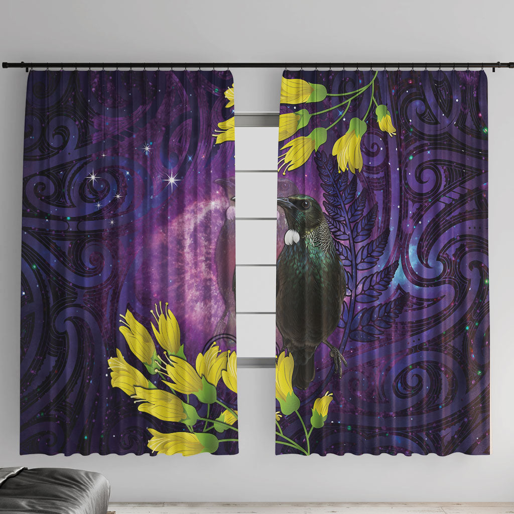New Zealand Tui Bird Matariki Window Curtain Kowhai Flower Silver Fern Galaxy Maori Pattern