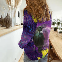 New Zealand Tui Bird Matariki Women Casual Shirt Kowhai Flower Silver Fern Galaxy Maori Pattern