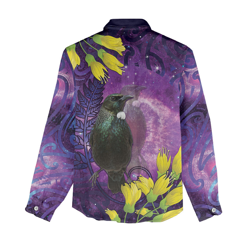New Zealand Tui Bird Matariki Women Casual Shirt Kowhai Flower Silver Fern Galaxy Maori Pattern
