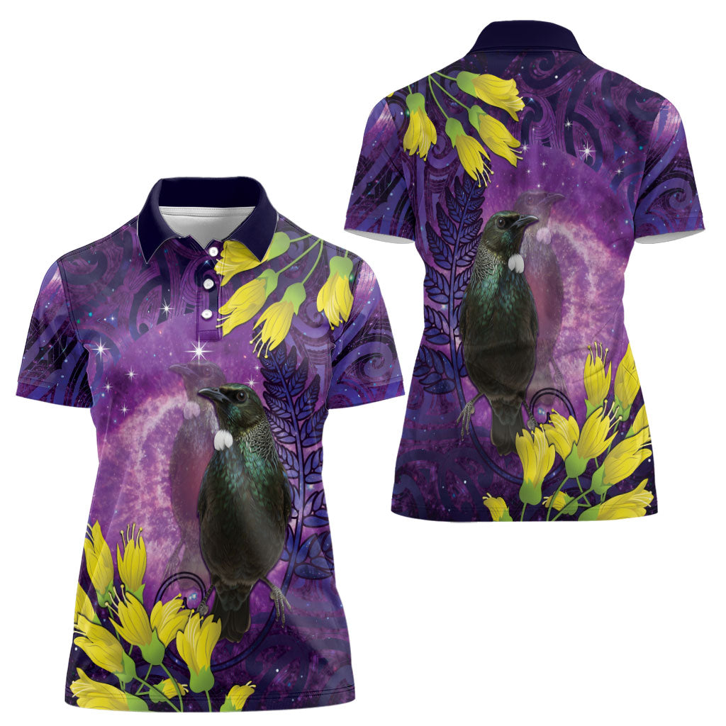 New Zealand Tui Bird Matariki Women Polo Shirt Kowhai Flower Silver Fern Galaxy Maori Pattern