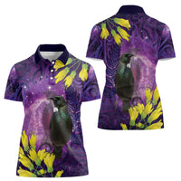 New Zealand Tui Bird Matariki Women Polo Shirt Kowhai Flower Silver Fern Galaxy Maori Pattern