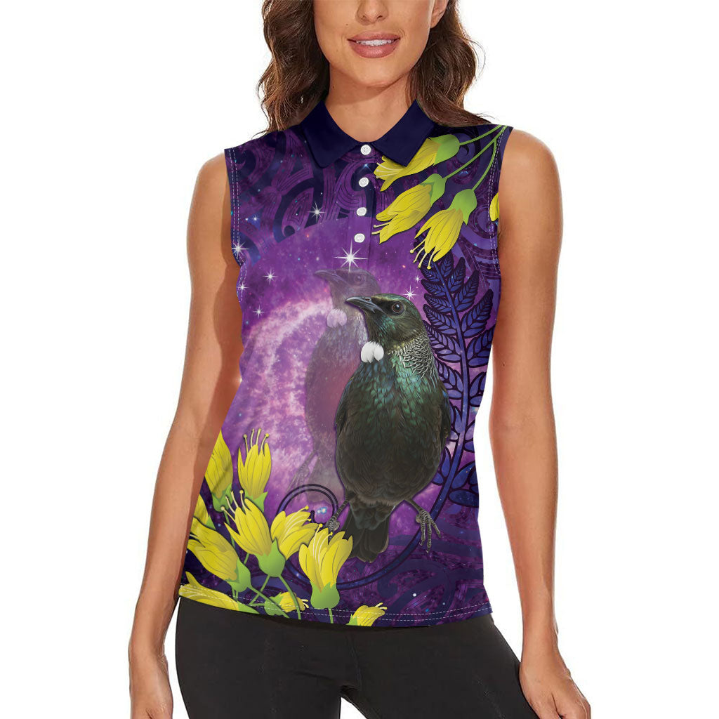 New Zealand Tui Bird Matariki Women Sleeveless Polo Shirt Kowhai Flower Silver Fern Galaxy Maori Pattern