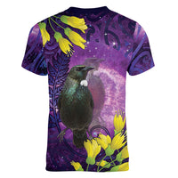 New Zealand Tui Bird Matariki Women V-Neck T-Shirt Kowhai Flower Silver Fern Galaxy Maori Pattern