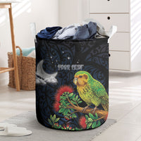 New Zealand Kakapo Matariki Personalised Laundry Basket Pohutukawa Flower Galaxy Maori Pattern