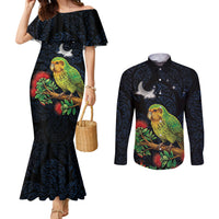 New Zealand Kakapo Matariki Personalised Couples Matching Mermaid Dress and Long Sleeve Button Shirt Pohutukawa Flower Galaxy Maori Pattern