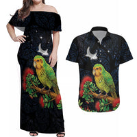 New Zealand Kakapo Matariki Personalised Couples Matching Off Shoulder Maxi Dress and Hawaiian Shirt Pohutukawa Flower Galaxy Maori Pattern