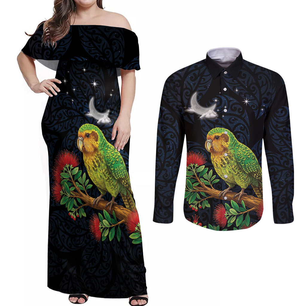 New Zealand Kakapo Matariki Personalised Couples Matching Off Shoulder Maxi Dress and Long Sleeve Button Shirt Pohutukawa Flower Galaxy Maori Pattern