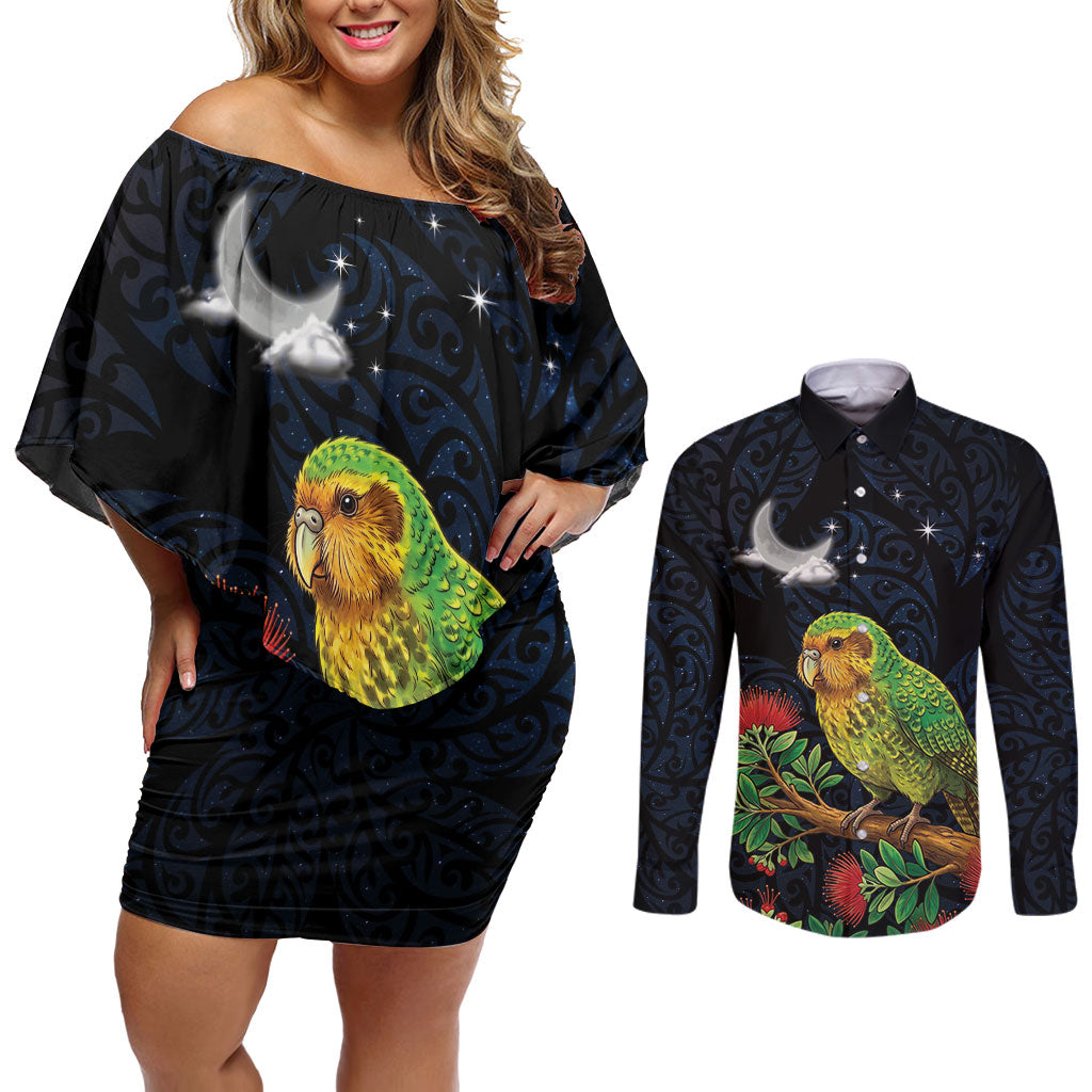 New Zealand Kakapo Matariki Personalised Couples Matching Off Shoulder Short Dress and Long Sleeve Button Shirt Pohutukawa Flower Galaxy Maori Pattern