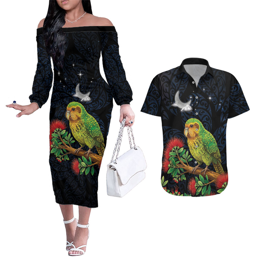 New Zealand Kakapo Matariki Personalised Couples Matching Off The Shoulder Long Sleeve Dress and Hawaiian Shirt Pohutukawa Flower Galaxy Maori Pattern LT22 Black - Polynesian Pride