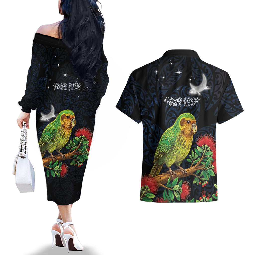 New Zealand Kakapo Matariki Personalised Couples Matching Off The Shoulder Long Sleeve Dress and Hawaiian Shirt Pohutukawa Flower Galaxy Maori Pattern LT22 - Polynesian Pride