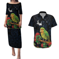 New Zealand Kakapo Matariki Personalised Couples Matching Puletasi and Hawaiian Shirt Pohutukawa Flower Galaxy Maori Pattern LT22 Black - Polynesian Pride