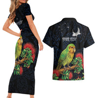 New Zealand Kakapo Matariki Personalised Couples Matching Short Sleeve Bodycon Dress and Hawaiian Shirt Pohutukawa Flower Galaxy Maori Pattern