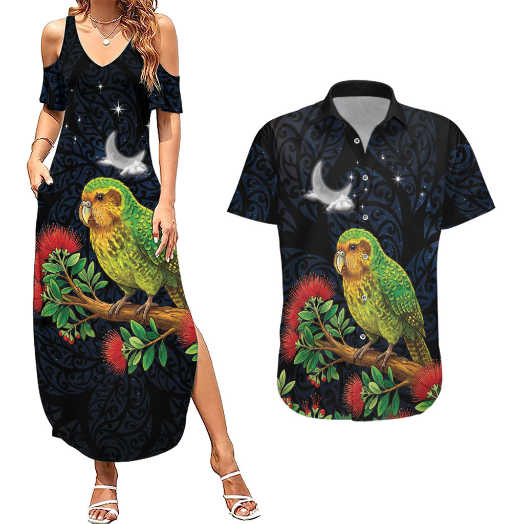 New Zealand Kakapo Matariki Personalised Couples Matching Summer Maxi Dress and Hawaiian Shirt Pohutukawa Flower Galaxy Maori Pattern