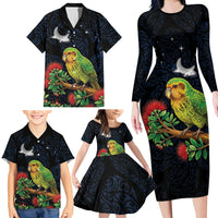 New Zealand Kakapo Matariki Personalised Family Matching Long Sleeve Bodycon Dress and Hawaiian Shirt Pohutukawa Flower Galaxy Maori Pattern LT22 - Polynesian Pride