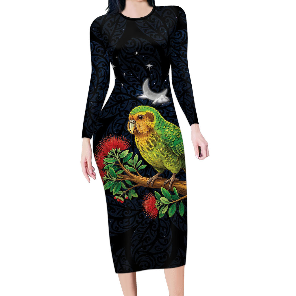 New Zealand Kakapo Matariki Personalised Family Matching Long Sleeve Bodycon Dress and Hawaiian Shirt Pohutukawa Flower Galaxy Maori Pattern LT22 Mom's Dress Black - Polynesian Pride