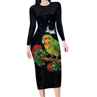 New Zealand Kakapo Matariki Personalised Family Matching Long Sleeve Bodycon Dress and Hawaiian Shirt Pohutukawa Flower Galaxy Maori Pattern LT22 Mom's Dress Black - Polynesian Pride