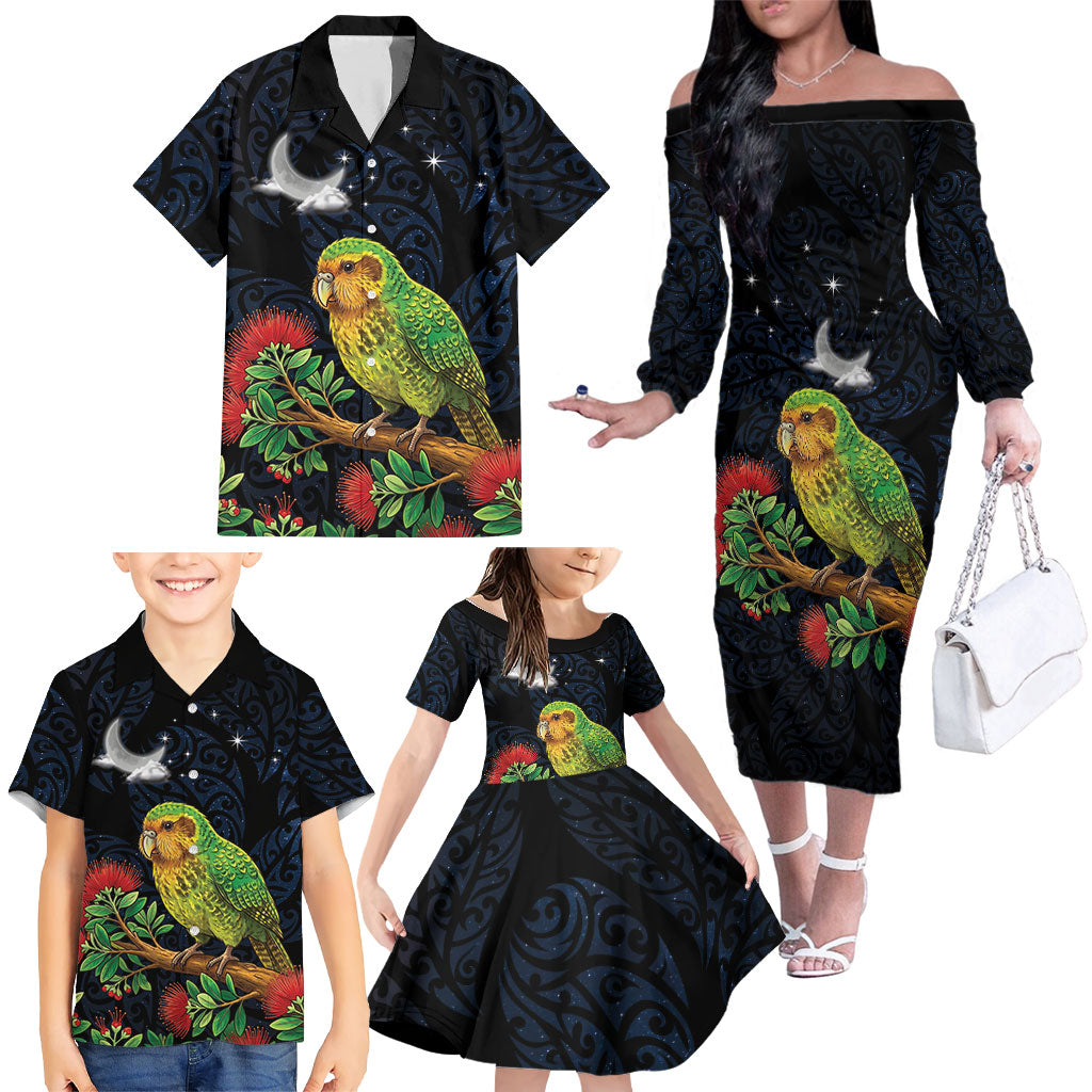 New Zealand Kakapo Matariki Personalised Family Matching Off The Shoulder Long Sleeve Dress and Hawaiian Shirt Pohutukawa Flower Galaxy Maori Pattern LT22 - Polynesian Pride