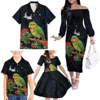 New Zealand Kakapo Matariki Personalised Family Matching Off The Shoulder Long Sleeve Dress and Hawaiian Shirt Pohutukawa Flower Galaxy Maori Pattern LT22 - Polynesian Pride