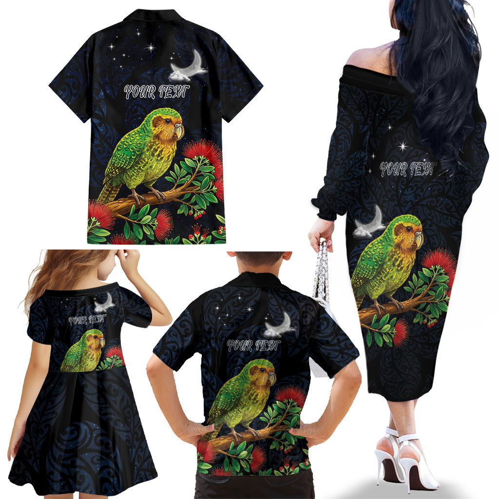 New Zealand Kakapo Matariki Personalised Family Matching Off The Shoulder Long Sleeve Dress and Hawaiian Shirt Pohutukawa Flower Galaxy Maori Pattern LT22 - Polynesian Pride