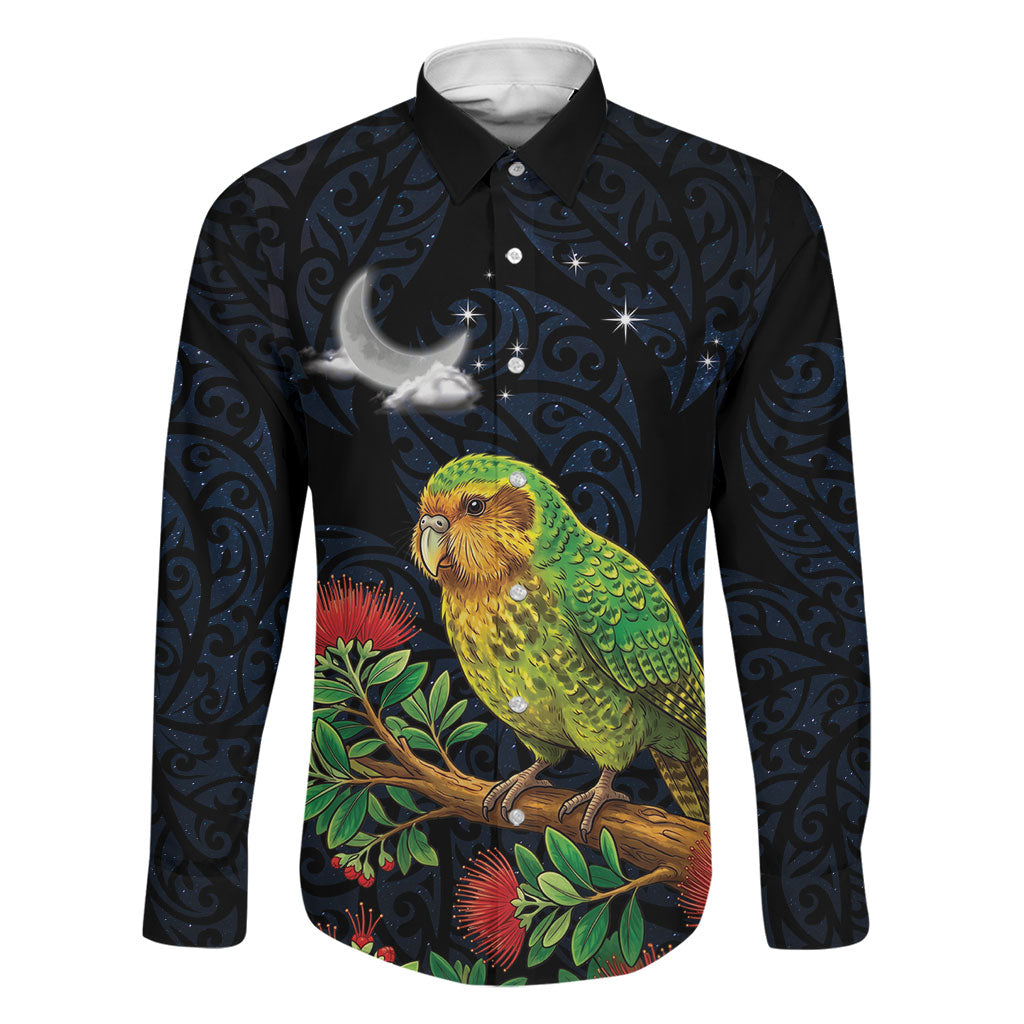 New Zealand Kakapo Matariki Personalised Family Matching Off The Shoulder Long Sleeve Dress and Hawaiian Shirt Pohutukawa Flower Galaxy Maori Pattern LT22 Dad's Shirt - Long Sleeve Black - Polynesian Pride