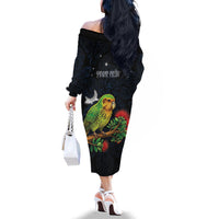 New Zealand Kakapo Matariki Personalised Family Matching Off The Shoulder Long Sleeve Dress and Hawaiian Shirt Pohutukawa Flower Galaxy Maori Pattern LT22 - Polynesian Pride