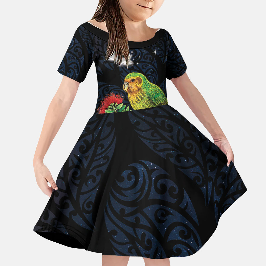New Zealand Kakapo Matariki Personalised Family Matching Off Shoulder Maxi Dress and Hawaiian Shirt Pohutukawa Flower Galaxy Maori Pattern LT22 Daughter's Dress Black - Polynesian Pride